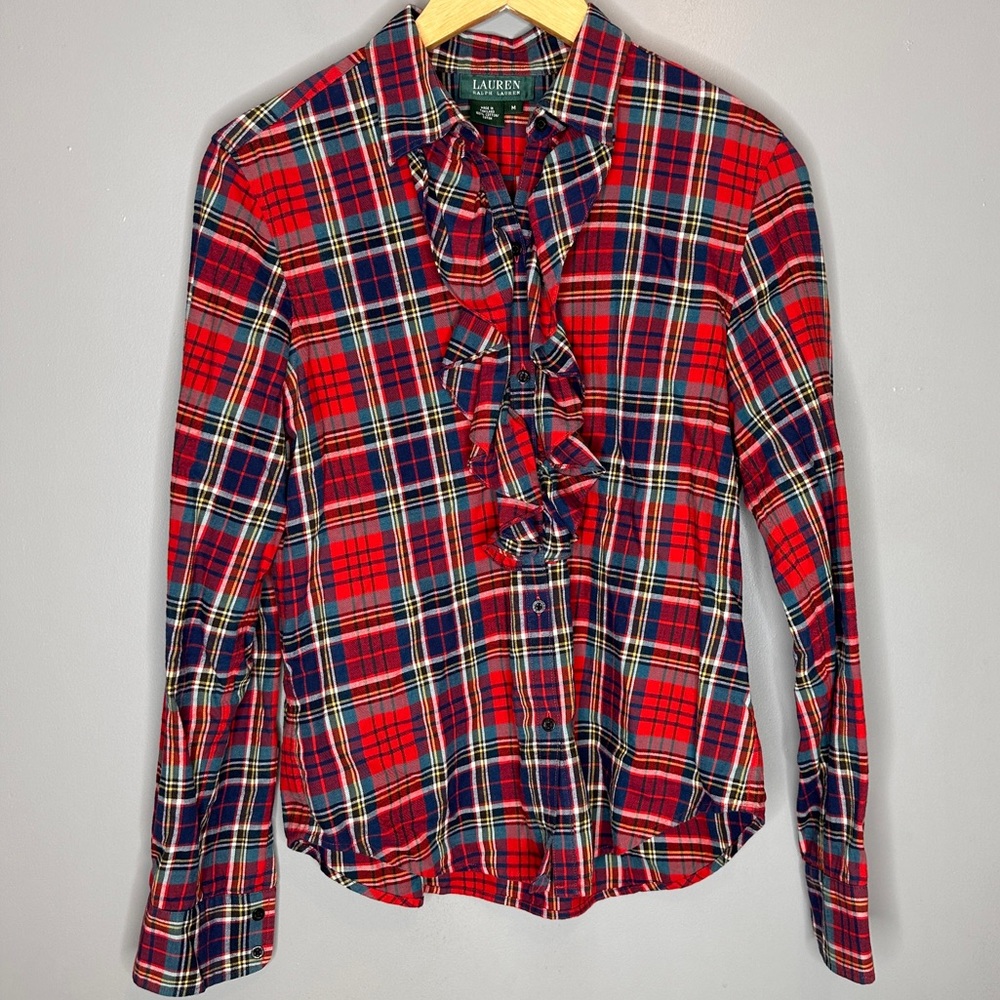 Lauren Ralph Lauren plaid button front ruffle blouse